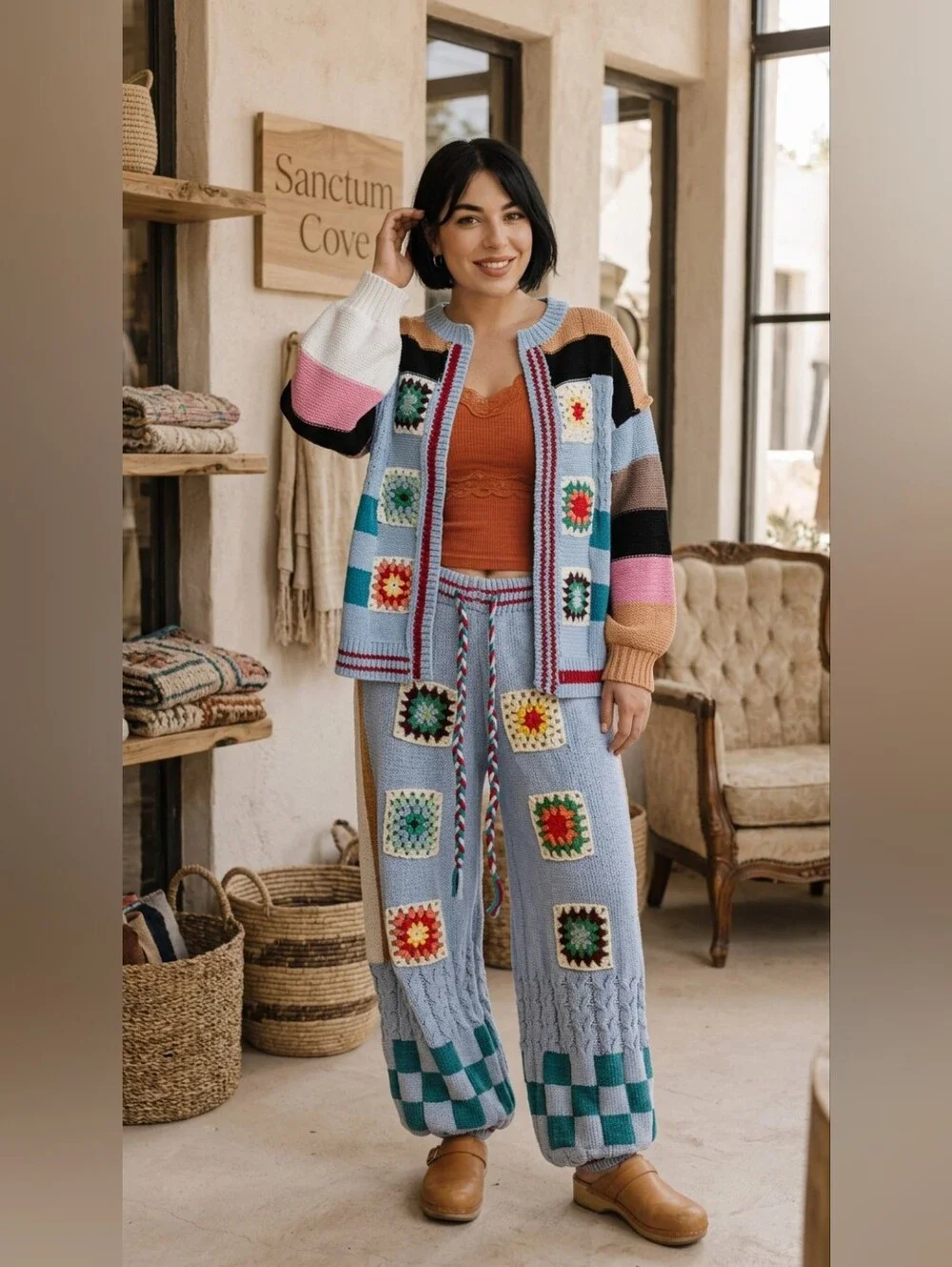 POL Crochet Granny Square Patch Chenille Sweater Cardigan Jogger Coordinated Set